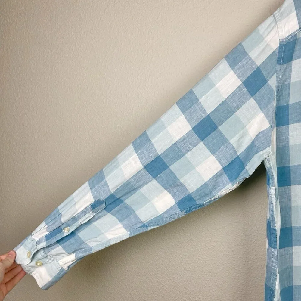 Banana Republic Men's Large Camden Fit 100% Linen Plaid Shirt Collare Button Blu